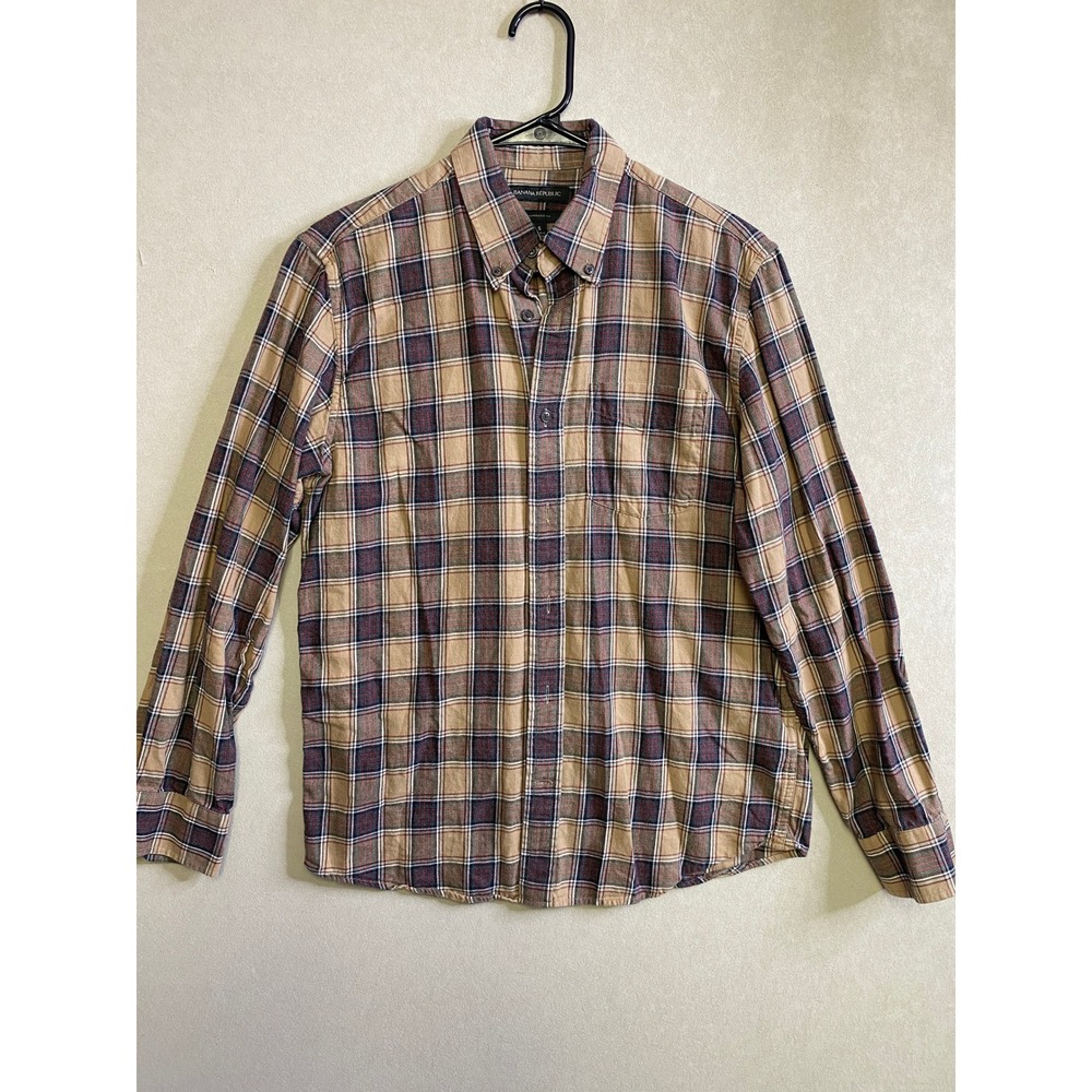 Banana Republic Mens Plaid Flannel Button Down Shirt Tan Navy Red Small Standard